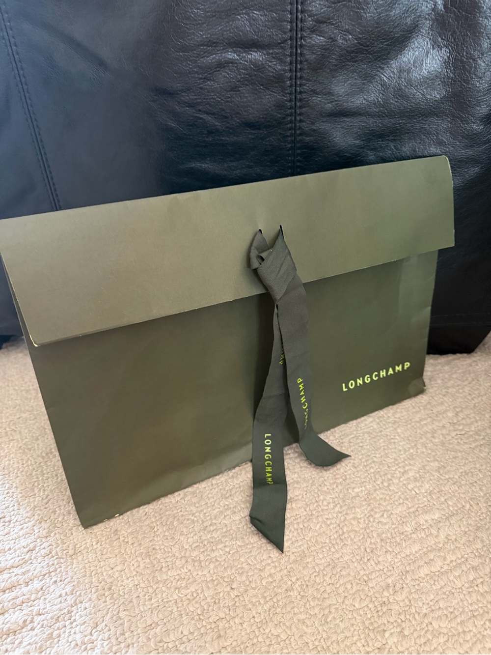 Longchamp Olive Green Gift Tote with Branded Ribbon